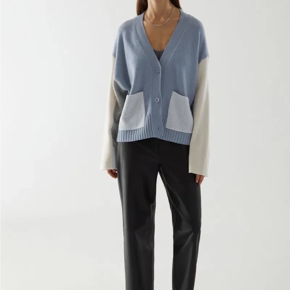 Colorblock Sweater Cos cashmere cardigan blue cream gray v neck oversized knit - Picture 8 of 8